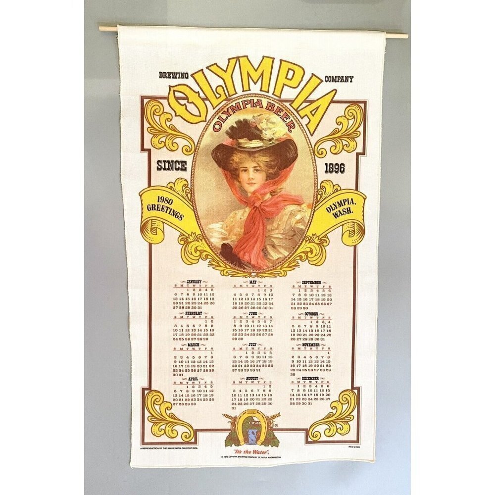 Vintage Olympia Beer Calendar 1980 Banner 1909 Olympia Calendar Girl 26.5x15.5”